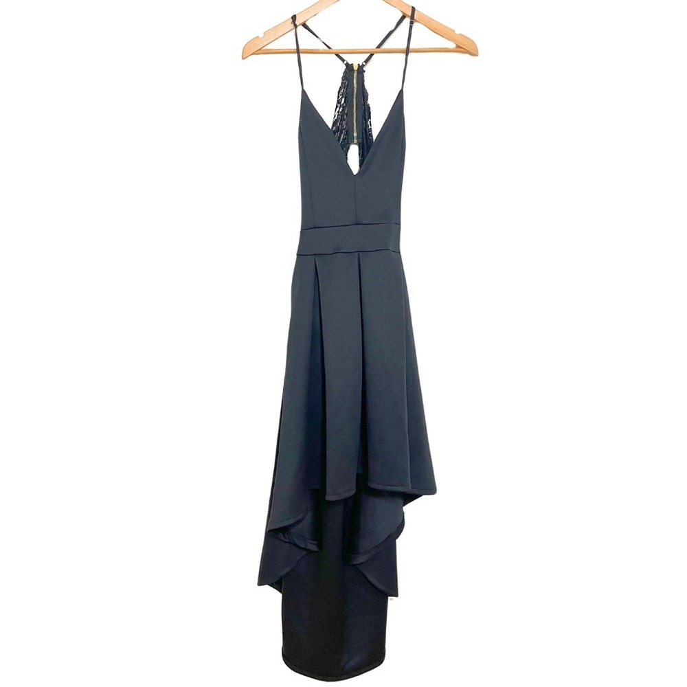 Revamped Black Satin Lace Open Back V Neck Cocktail Formal High Low Dress – S
